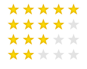 Rows of customer product service rating scales showing five, four, three, and two gold stars on white background. Rating system with filled for review and performance evaluation