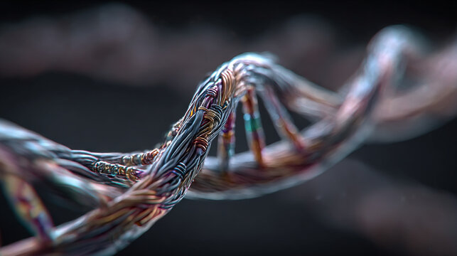 Hyperrealistic image of network cables twisted into a DNA double helix shape, symbolizing connectivity, technology, data flow, innovation, and the fusion of biology and modern digital networks. - Powered by Adobe