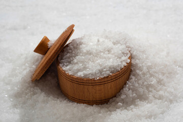 Close up of sea salt in a wooden bowl