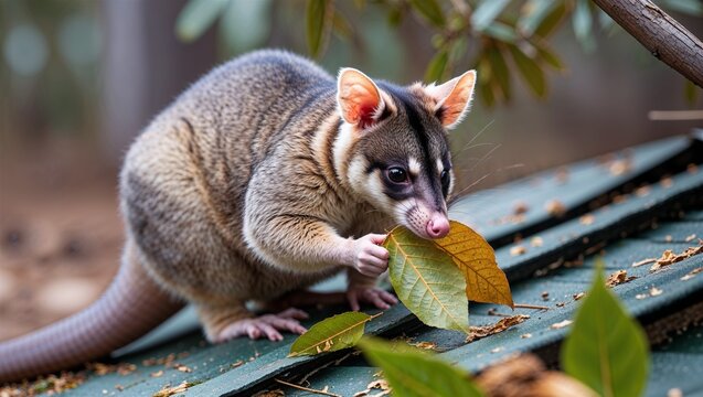 Golden brushtail possum chewing leaf near chicken coop roof