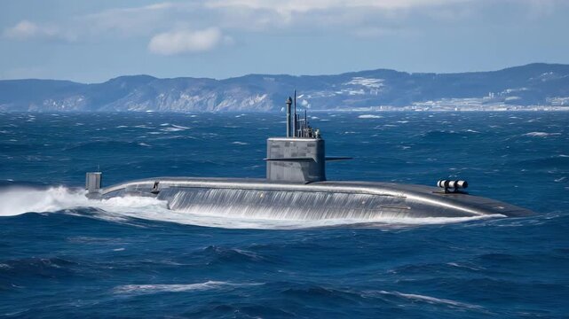 Nuclear submarine partially surfaced, periscope and sail visible above water, deep blue ocean surrounding, distant clouds on horizon