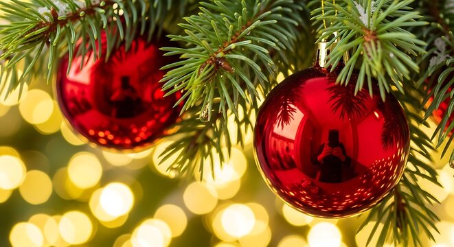 Two shiny red Christmas ornaments hang from a green pine tree branch with a bokeh background of warm yellow lights.