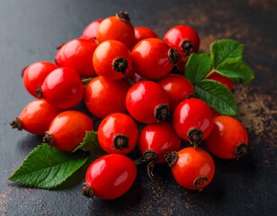 Vivid close-up of vibrant red rosehips with glossy finish, leaves, dark surface