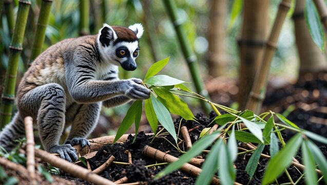 Greater bamboo lemur feeding on leaves over compost area