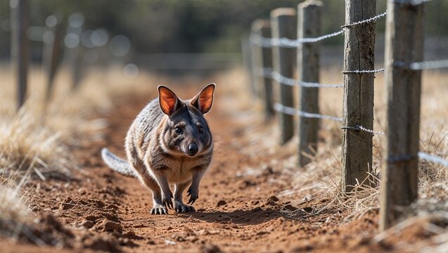 Greater bilby walking along dry soil path near fence posts