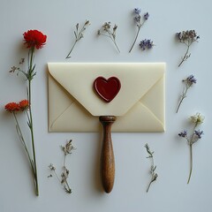  Loveletterenvelope A delicate cream envelope sealed with a heart wax stamp, surrounded by handwritten love notes and pressed flowers. isolated on white background Ultra HD, Very Realistic