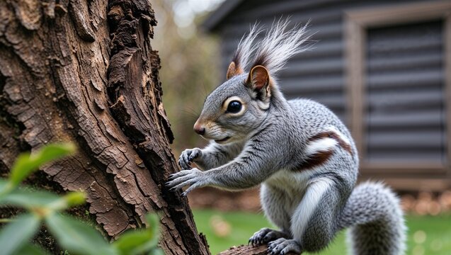 Grey squirrel climbing down tree trunk near garden shed