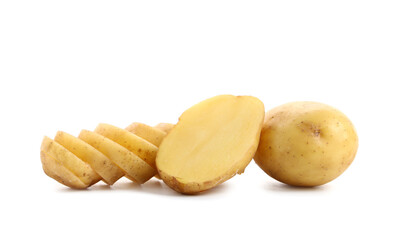 Cut raw baby potatoes on white background