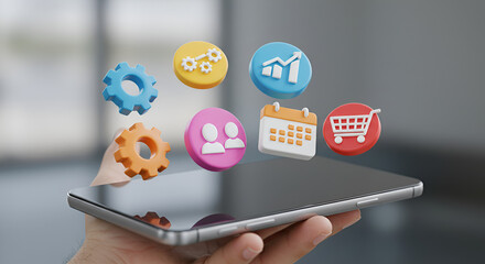 Tablet With Floating Business Icons Demonstrating Apps, Tools, And Digital Collaboration On The Go