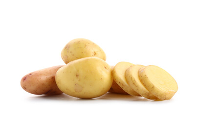 Raw baby potatoes on white background