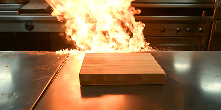 Cooking with Fire: A culinary scene of flames surrounding a wooden cutting board on a stainless steel counter, creating drama and intensity.