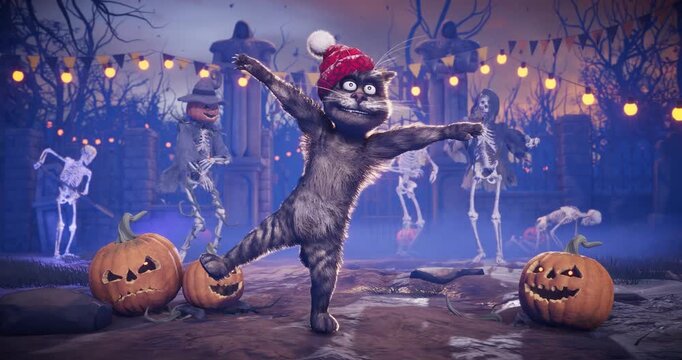 Halloween party. Funny dancing cat in spooky graveyard with skeletons and pumpkins. 3D animated background for greeting cards, invitations, posters, events, parties