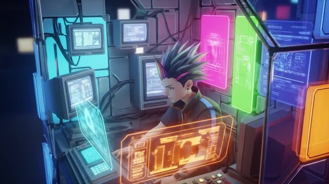 Dedicated young hacker operating advanced retro-futuristic data systems in a vibrant server hub
