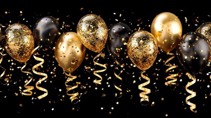 Elegant black and gold balloons with sparkling confetti create a festive atmosphere perfect for parties, celebrations, and special events promotions