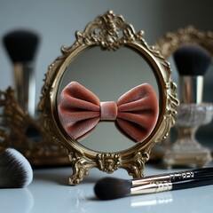 Velvetbowclip A soft pink velvet hair bow with gold clasp, styled on a vanity with a lace-trimmed mirror and makeup brushes. isolated on white background Ultra HD, Very Realistic, High Detailed Image