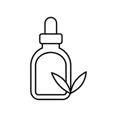 Outline drawing of dropper bottle with plant leaves on transparent background