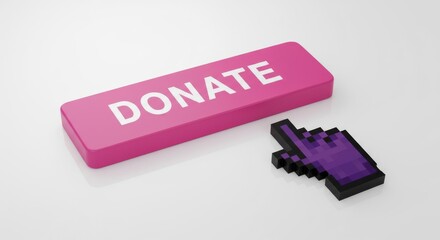 Pixelated mouse cursor poised to click a vibrant pink 3d "donate" button on a clean white background, symbolizing online giving and philanthropy.