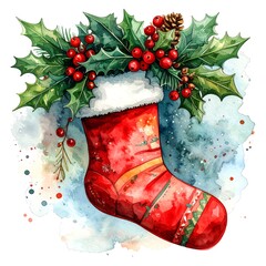 Watercolor illustration of a decorated Christmas stocking and holly