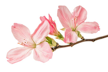 Obraz premium Delicate pink peach blossom flowers with visible stamens on a thin branch isolated on a transparent background