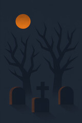 Graveyard Scene with Full Moon and Leafless Trees – Stylized Halloween Night Illustration