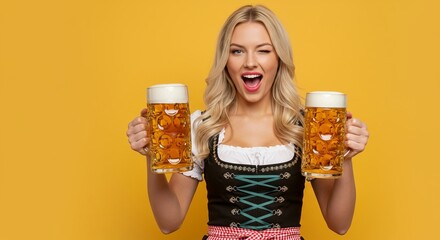 Cheerful blonde woman in traditional dirndl winks and holds two full beer steins against a vibrant yellow background for oktoberfest