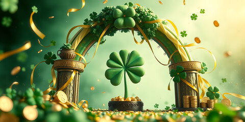 A magical 3D illustration of a four-leaf clover under a decorative green arch, surrounded by gold coins and flowing yellow ribbons for St. Patrick's Day