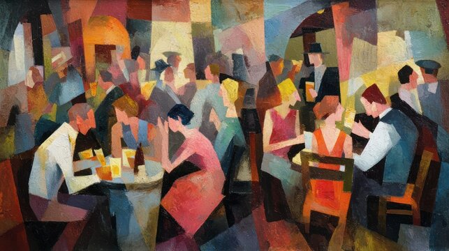 Abstract painting of a bustling cafe scene with patrons socializing and drinking, vibrant colors