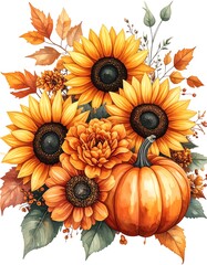 Watercolor illustration of fall harvest sunflowers, pumpkin, and foliage