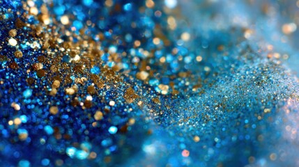 Shimmering blue and gold particles are spread across a surface reflecting light and creating a captivating abstract pattern adding a sense of sparkle and vibrancy.