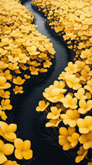 Hyperrealistic pathway cutting through vibrant yellow field under natural light creating serene landscape scene with depth perspective tranquility and pastoral beauty in detailed outdoor composition