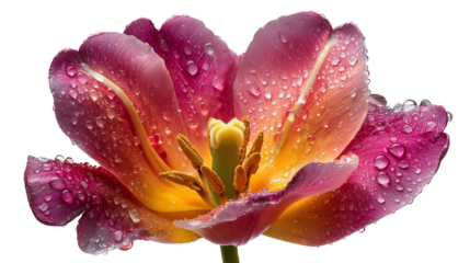 Macro of vibrant pink tulip flower with water droplets PNG transparent background