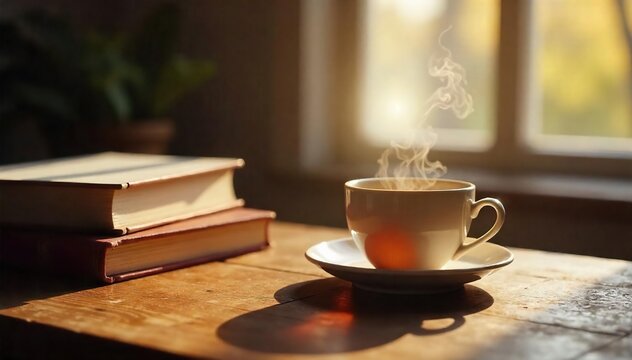 Steaming Teacup on Cozy Table Tranquil Comfort and Relaxation Amidst Books and Soft Light