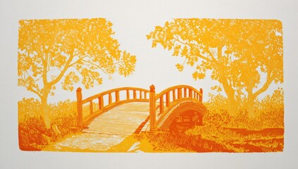 Orange bridge arcs between trees in serene park landscape