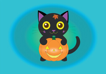 Funny black kitten holding a Halloween pumpkin in its paws