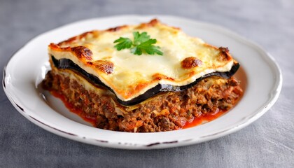 Baked Moussaka With Layers Of Eggplant Meat Sauce And Bechamel In A White Dish