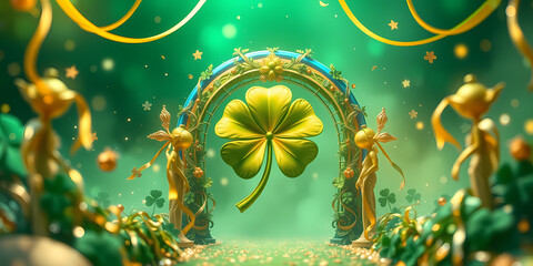 A magical 3D illustration of a four-leaf clover under a decorative green arch, surrounded by gold coins and flowing yellow ribbons for St. Patrick's Day
