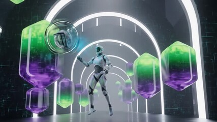 Autonomous droid traverses a bright modern digital corridor with vibrant floating energy crystal data cells - Powered by Adobe