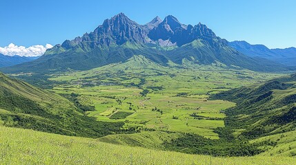 Obraz premium Panoramic view showcasing a majestic mountain range, fertile valley, and vast blue sky