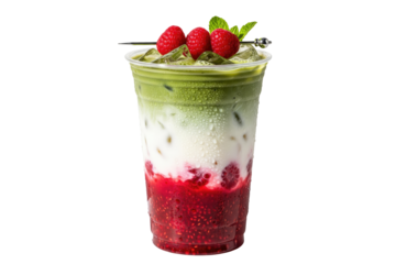 raspberry matcha latte in a plastic cup