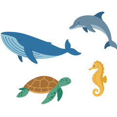 Fototapeta premium Ocean friends whale dolphin turtle seahorse playful
