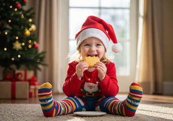 Toddler in Christmas elf hat and striped socks eating cookie by tree