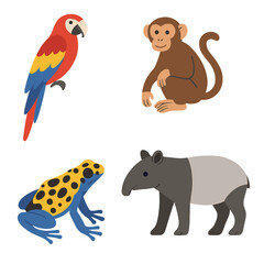 Tropical animals: Parrot, monkey, frog, and tapir in vibrant style