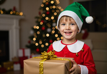 Boy in Christmas elf costume holding present near decorated tree