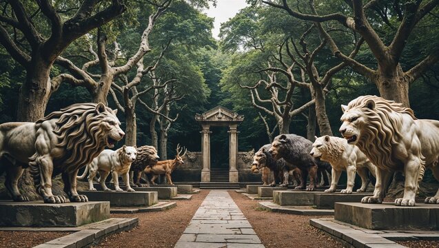 Grove of mythical beasts where each animal reflects a divine aspect