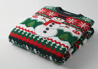 Folded ugly Christmas sweater with snowman print on white background