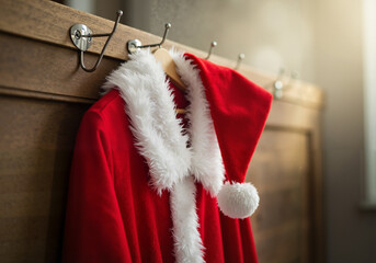 Santa suit with hat hanging on wooden hook in warm light