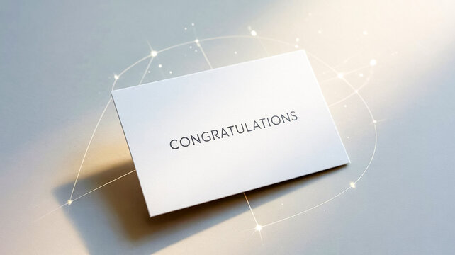 Sleek white card bearing word CONGRATULATIONS rests on soft gcand points, conveying celebration, achievement, and modern sense of recognition suitable for awards