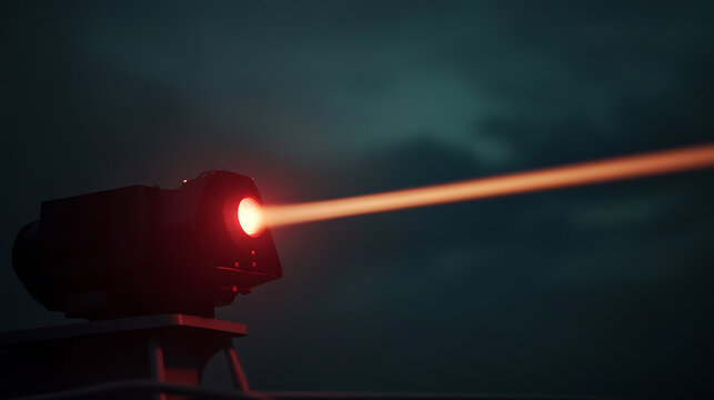 Beam weapon firing a bright red energy beam at night, cutting through the darkness with intense focus.  Futuristic technology, laser weapon.