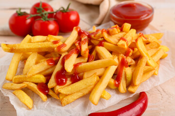 Tasty french fries with chili pepper, tomatoes and bowl of ketchup on light background