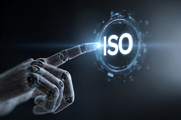 Futuristic cyborg hand activating digital interface symbolizing ISO quality certification